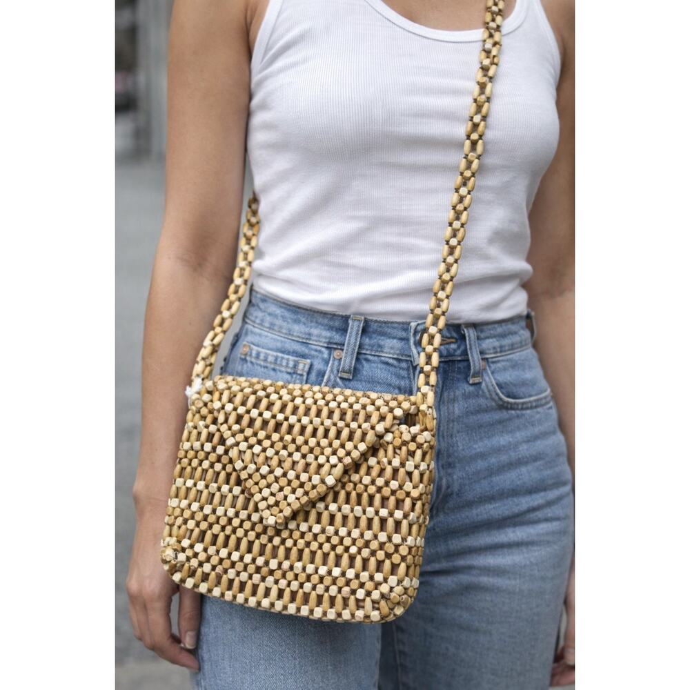 Wooden Beaded Clutch Crossbody Purse Gold Universal Thread Handbag - Picture 2 of 8